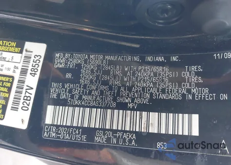 2010 Toyota Sienna Le z USA, uszkodzony, nr VIN 5TDKK4CC8AS337708
